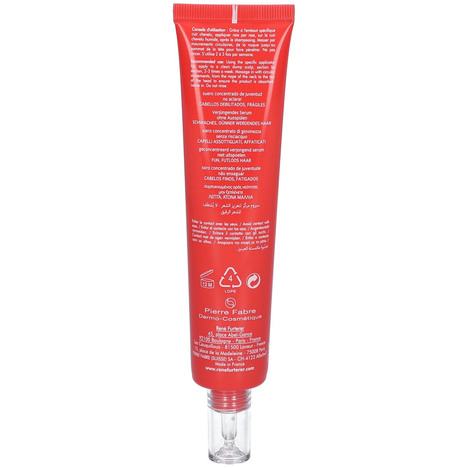 Tube rouge, dos. Texte multilingue. Informations fabricant et symboles de recyclage.