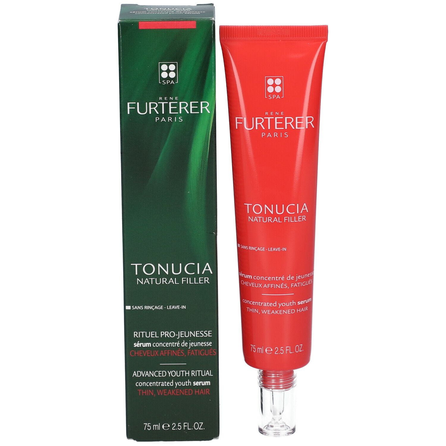 Emballage du produit. Tube rouge et boîte verte. Inscription: RENE FURTERER PARIS, TONUCIA NATURAL FILLER.