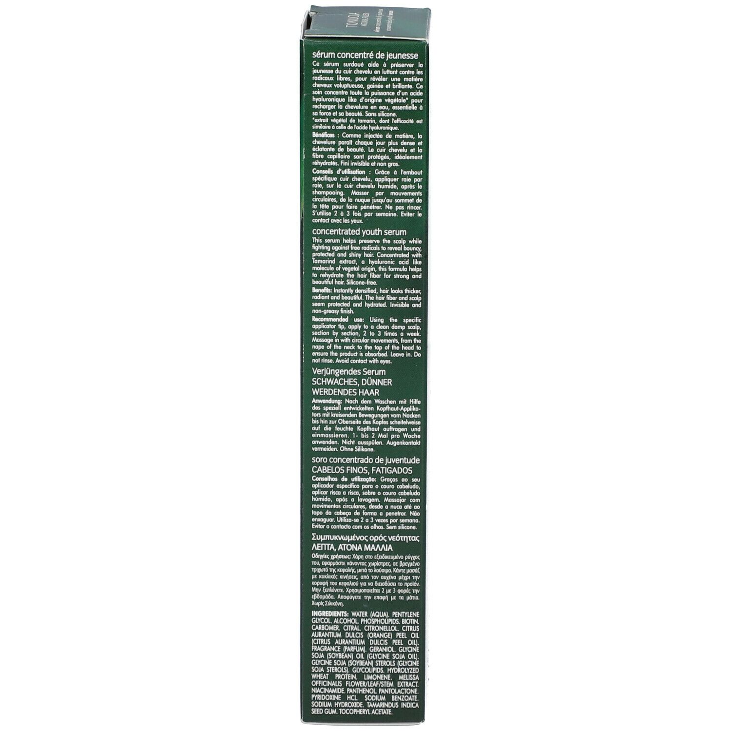 Boîte verte, dos. Texte multilingue. Informations fabricant et ingrédients.