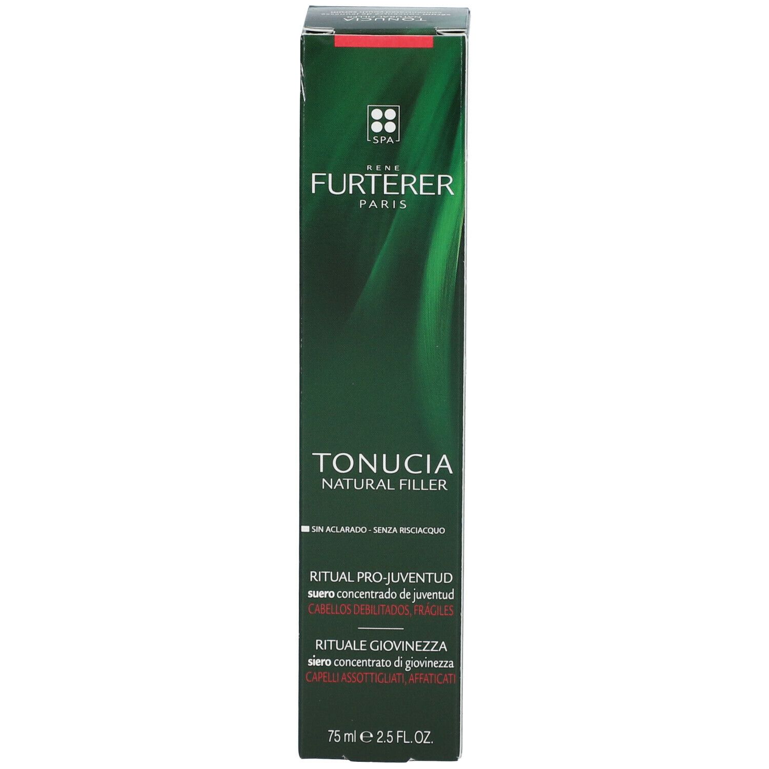 Boîte verte, côté. Inscription: TONUCIA NATURAL FILLER. Texte multilingue.