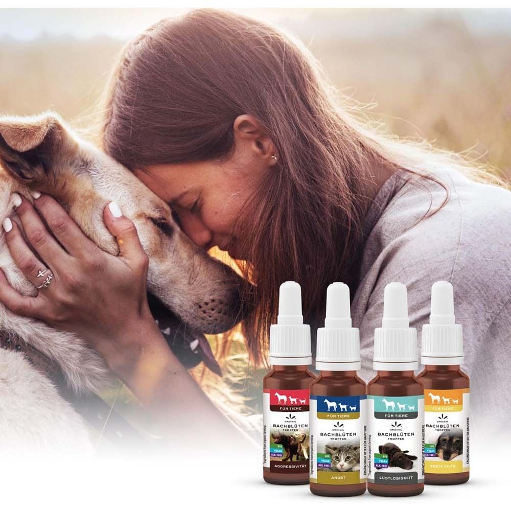 Frau umarmt Hund. Im Hintergrund 4 Flaschen. Text: Bachblüten Tropfen. Für Tiere. Verschiedene Farben.