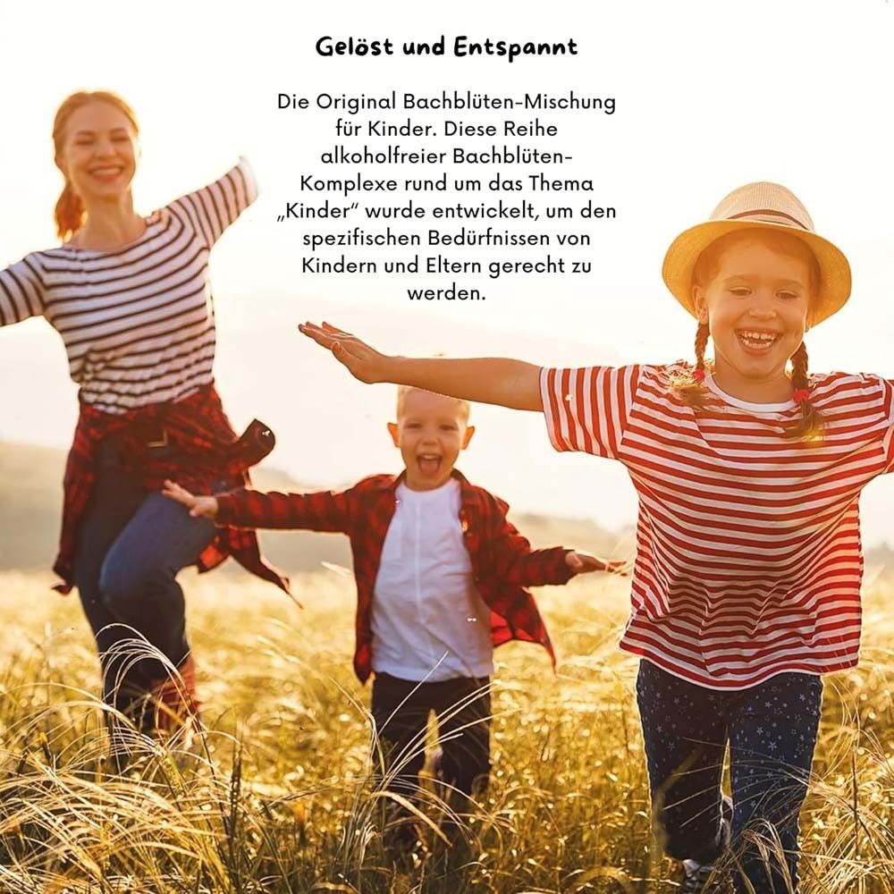 Trois personnes dans un champ. Texte: Le mélange original de Fleurs de Bach pour enfants. Gamme de complexes sans alcool.