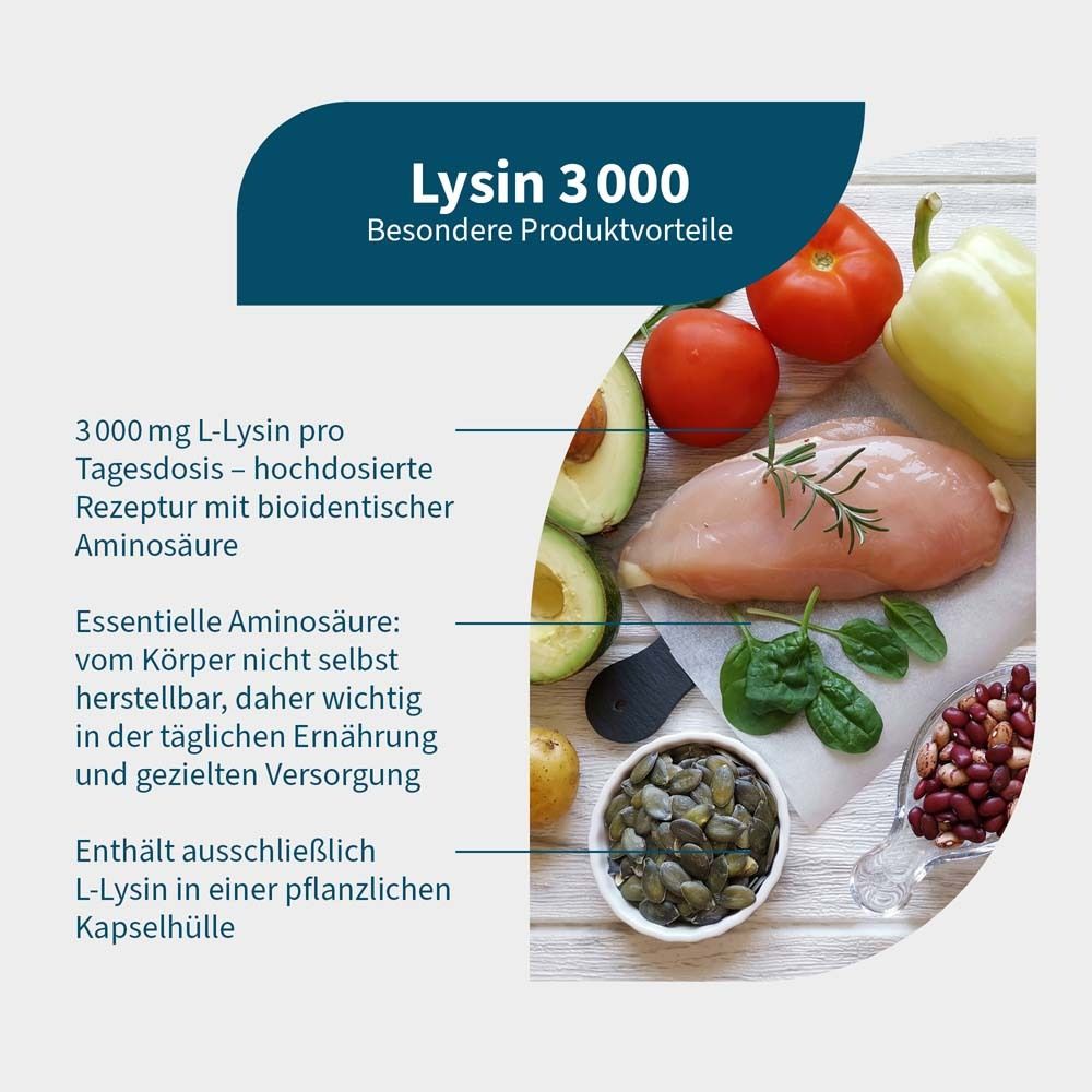Infographie avec aliments et texte. Contient de la L-lysine. Texte : Avantages, 3000 mg de L-lysine par dose.