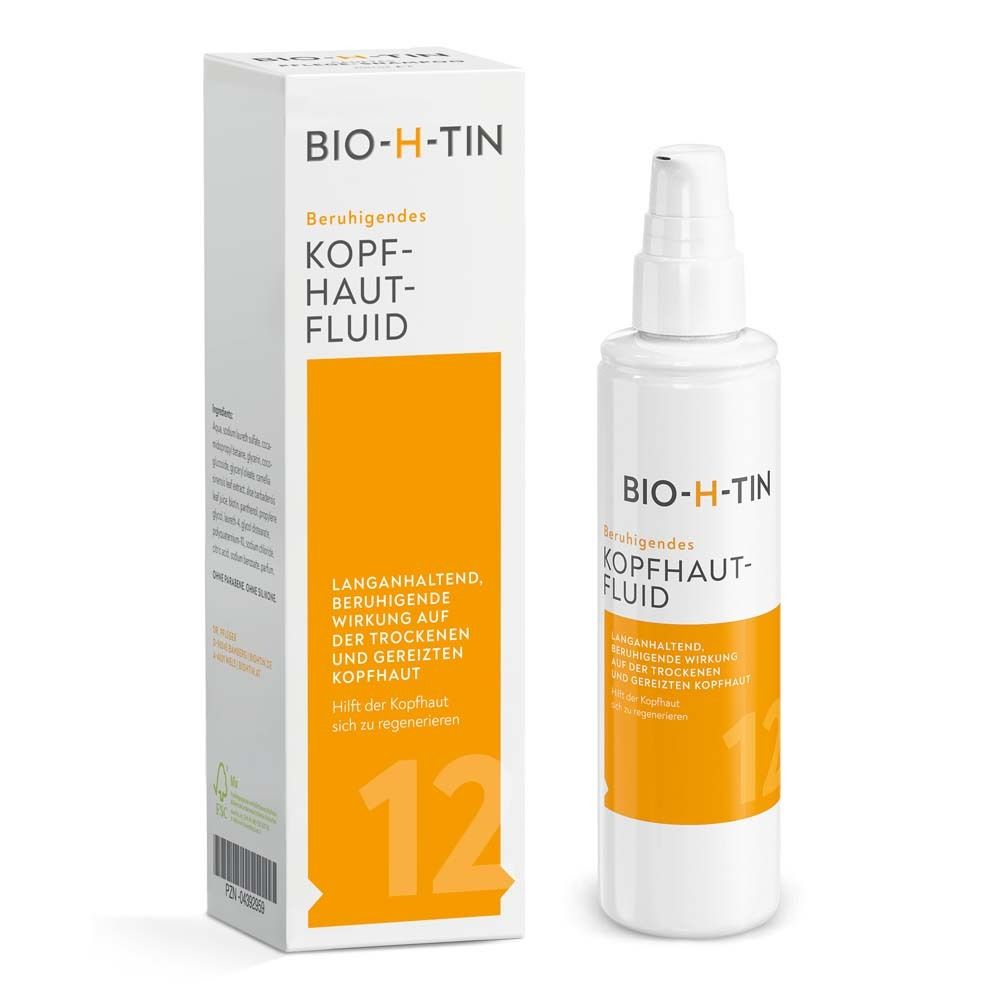 BIO-H-TIN® Kopfhaut-Fluid, Flasche und Verpackung. Weiß, orangefarbene Akzente. Text: Beruhigendes Kopfhaut-Fluid.