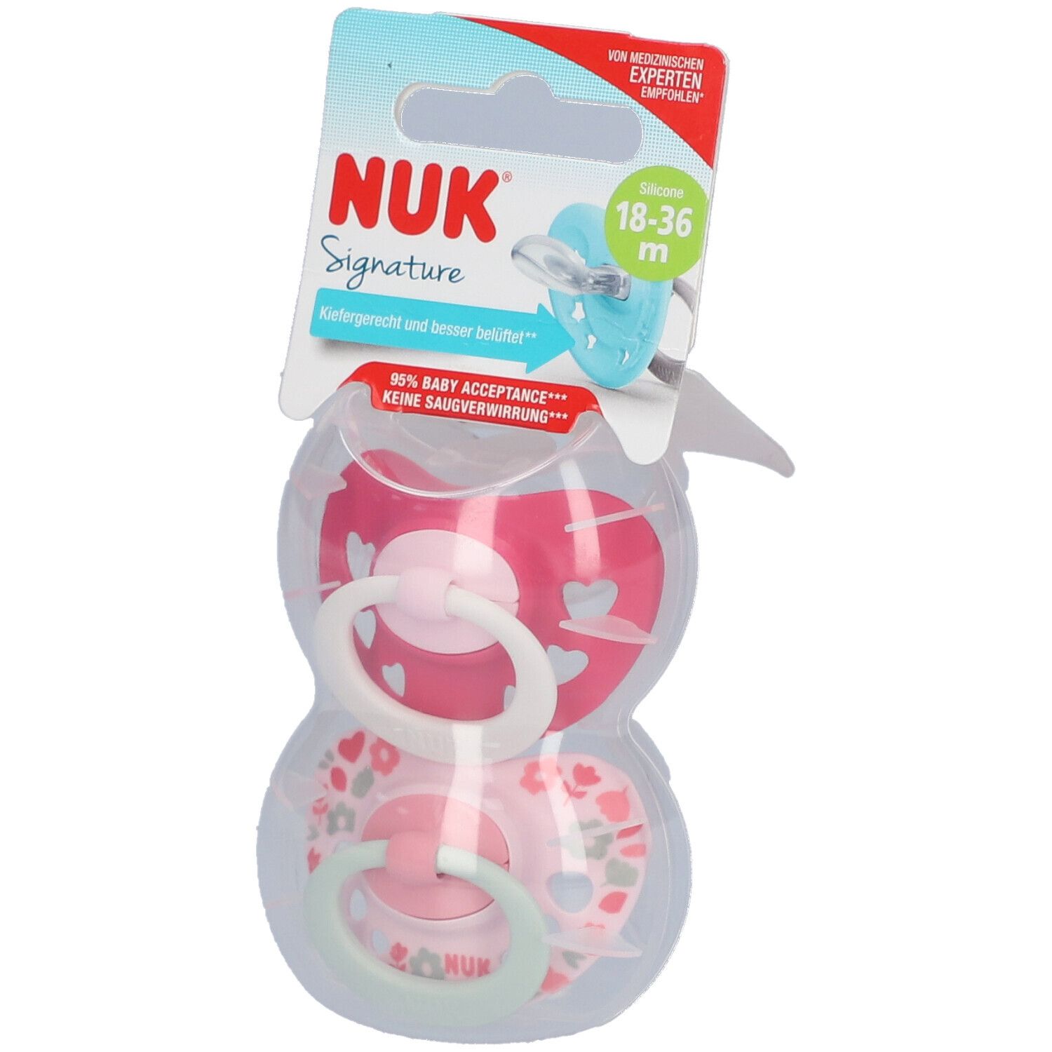 Deux sucettes dans un emballage. Rose et rose clair. NUK Signature. Pour 18-36 mois.