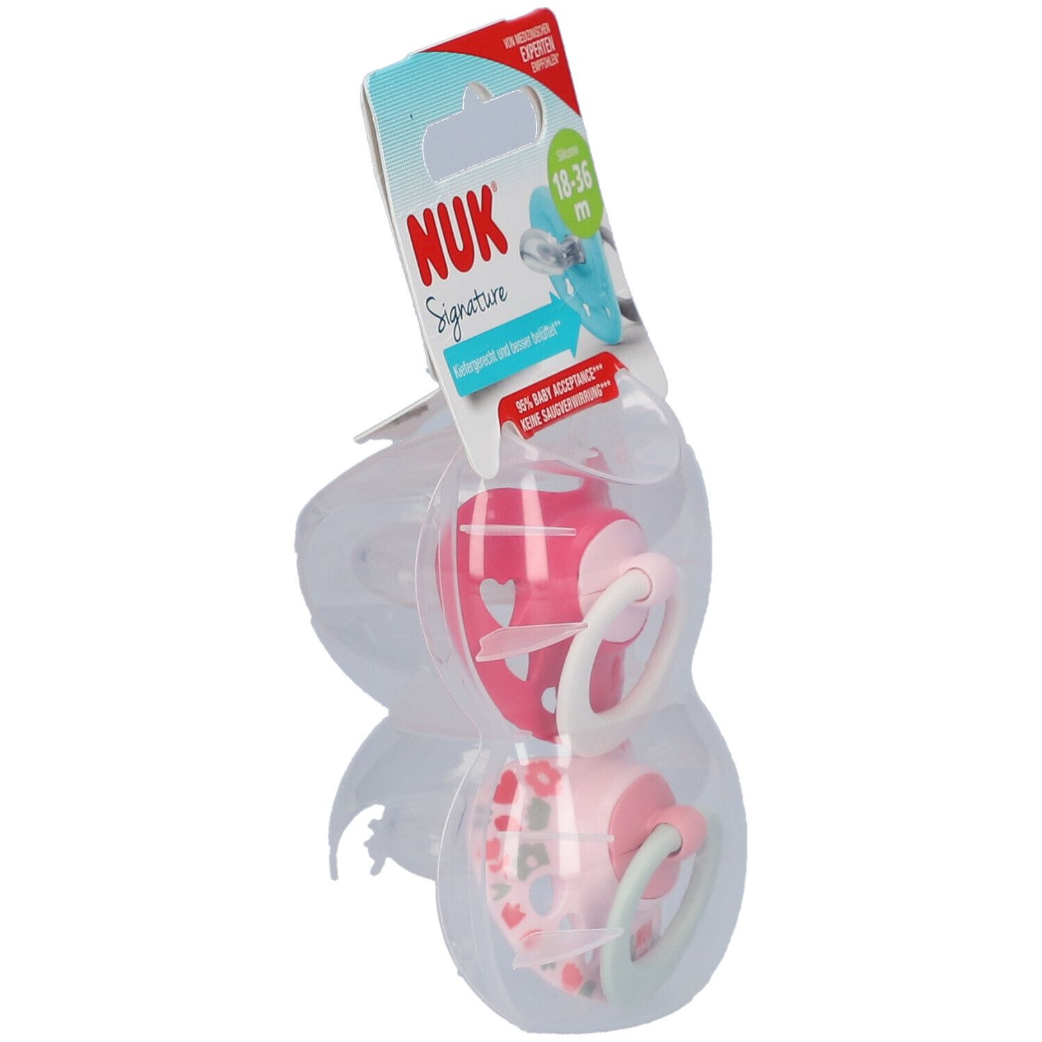 Deux sucettes dans un emballage. Rose et rose clair. NUK Signature. Pour 18-36 mois.