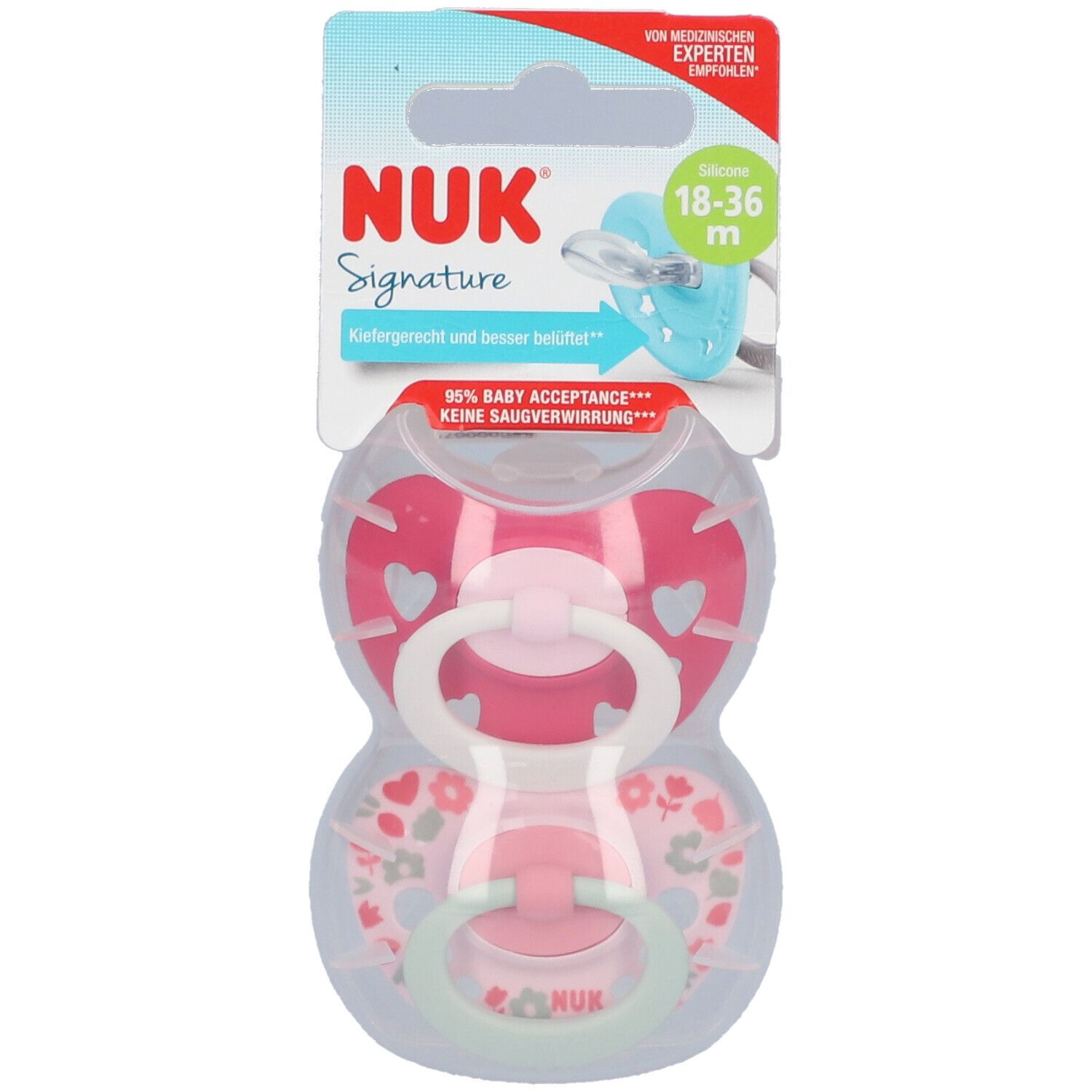 Deux sucettes dans un emballage. Rose et rose clair. NUK Signature. Pour 18-36 mois.