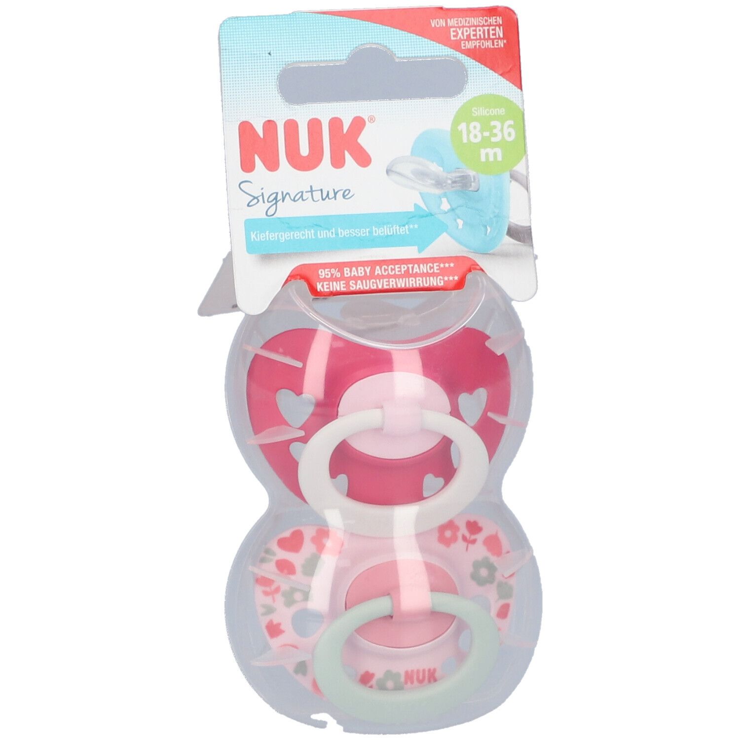 Deux sucettes dans un emballage. Rose et rose clair. NUK Signature. Pour 18-36 mois.