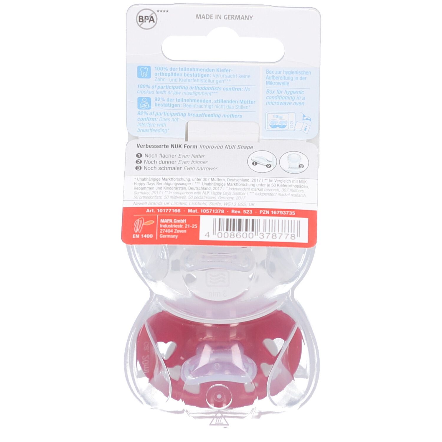 Dos de l'emballage avec une sucette. Sucette rouge dans un emballage transparent. Informations sur la forme et le matériau.