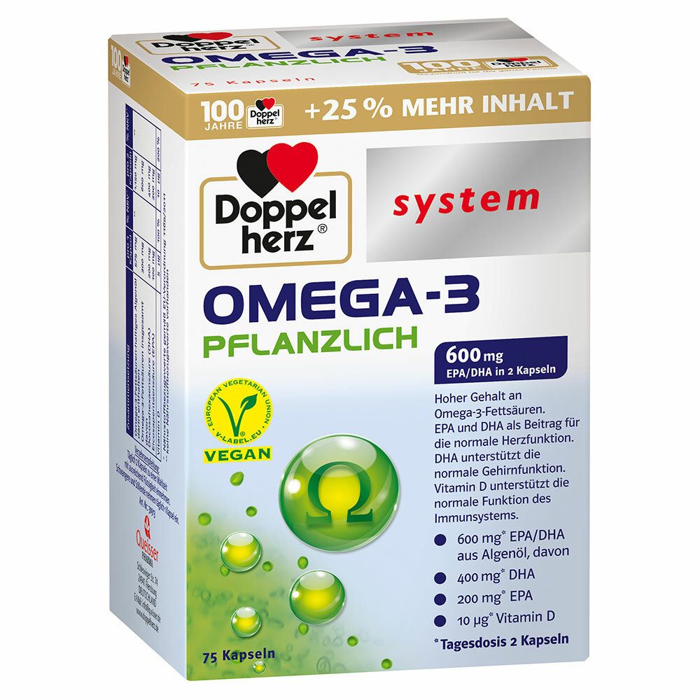 Doppelherz Omega-3 pflanzlich. Karton mit 75 Kapseln. Vegan-Siegel. Enthält 600mg EPA/DHA. 100 Jahre Jubiläum.