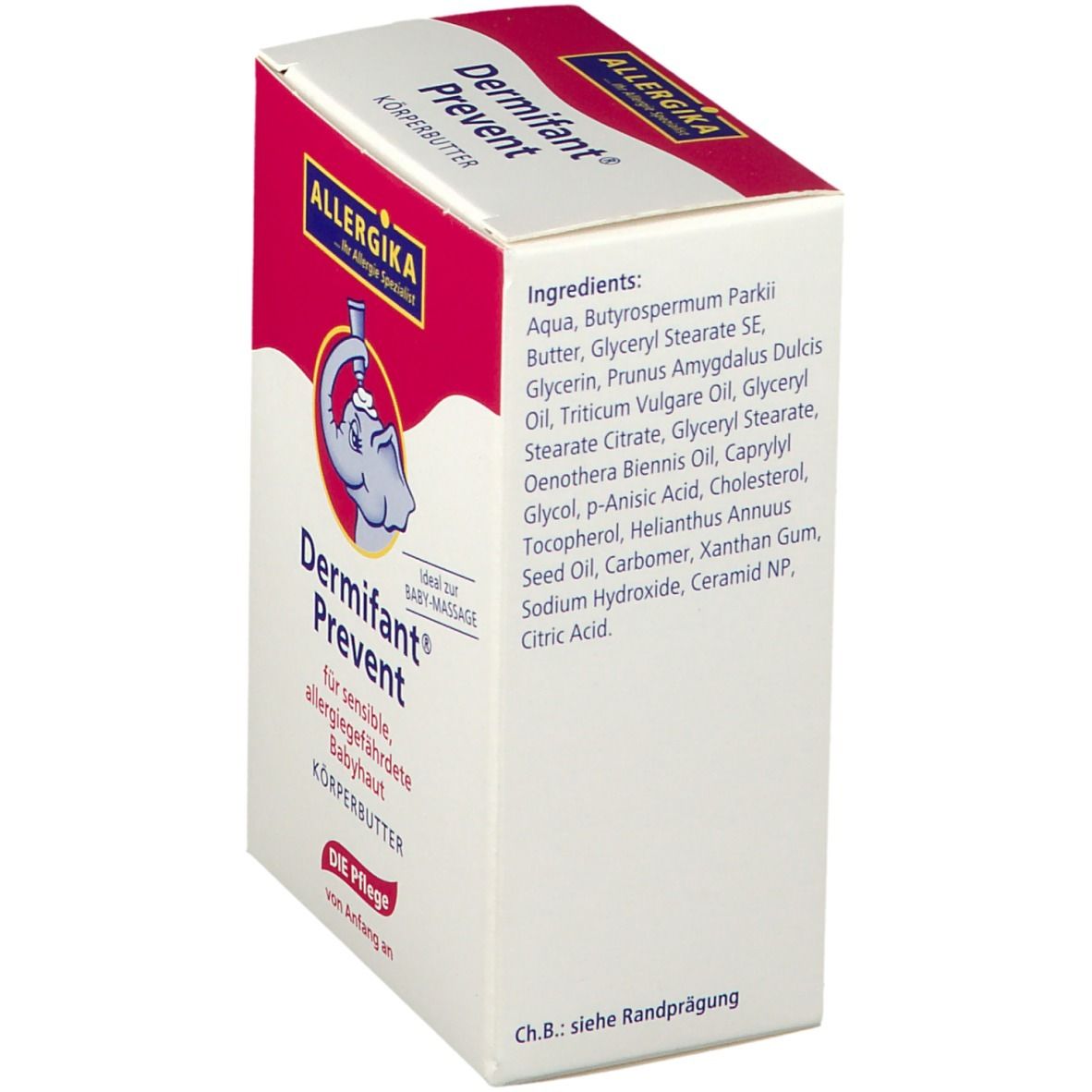 Emballage de beurre corporel. Côté blanc avec ingrédients en allemand. Nom du produit et logo visibles.