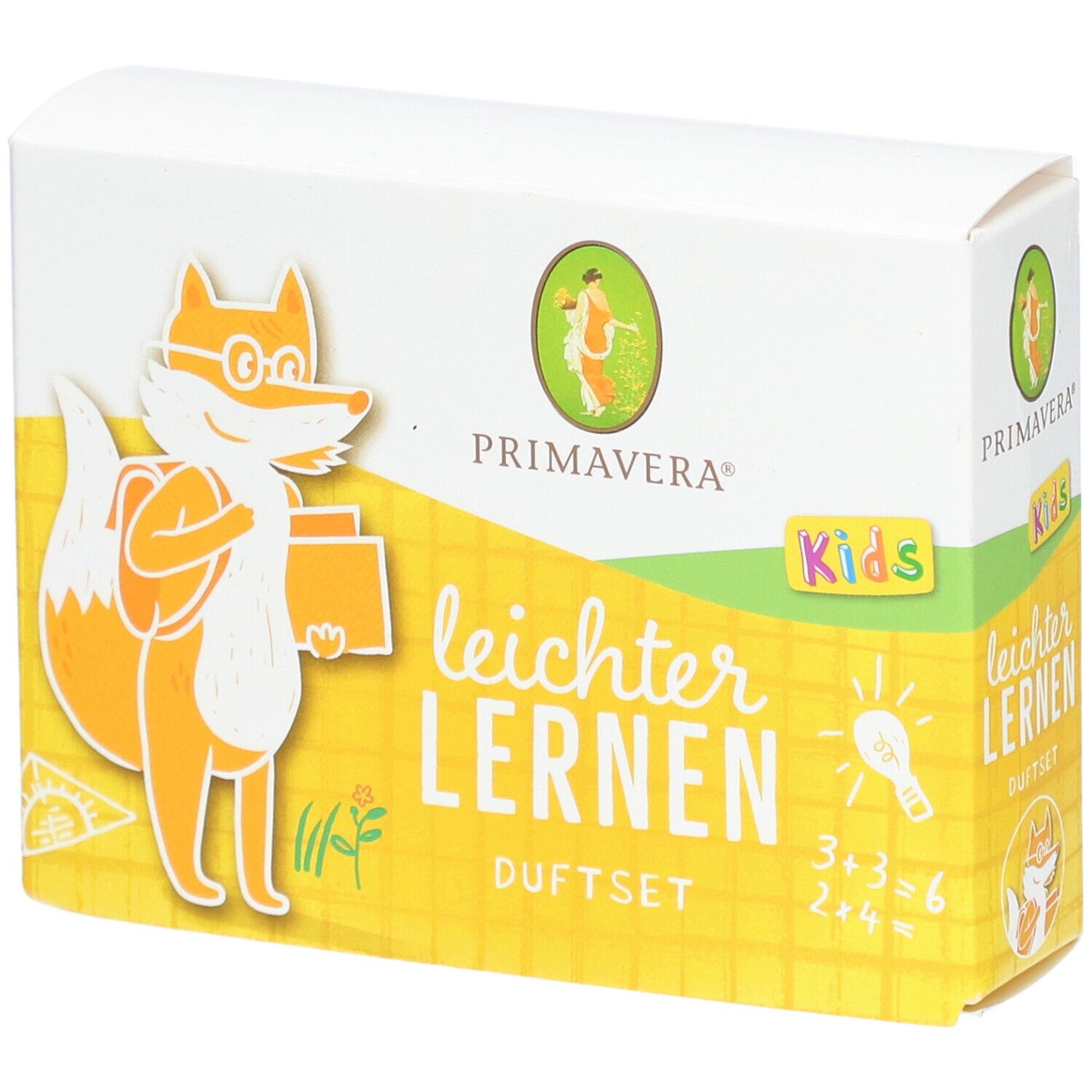 Boîte avec illustration de renard et texte: leichter Lernen Duftset. Logo Primavera Kids.