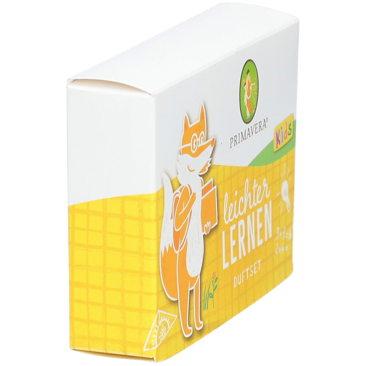Vue oblique de l'emballage. Illustration de renard, texte: leichter Lernen Duftset. Logo Primavera Kids.