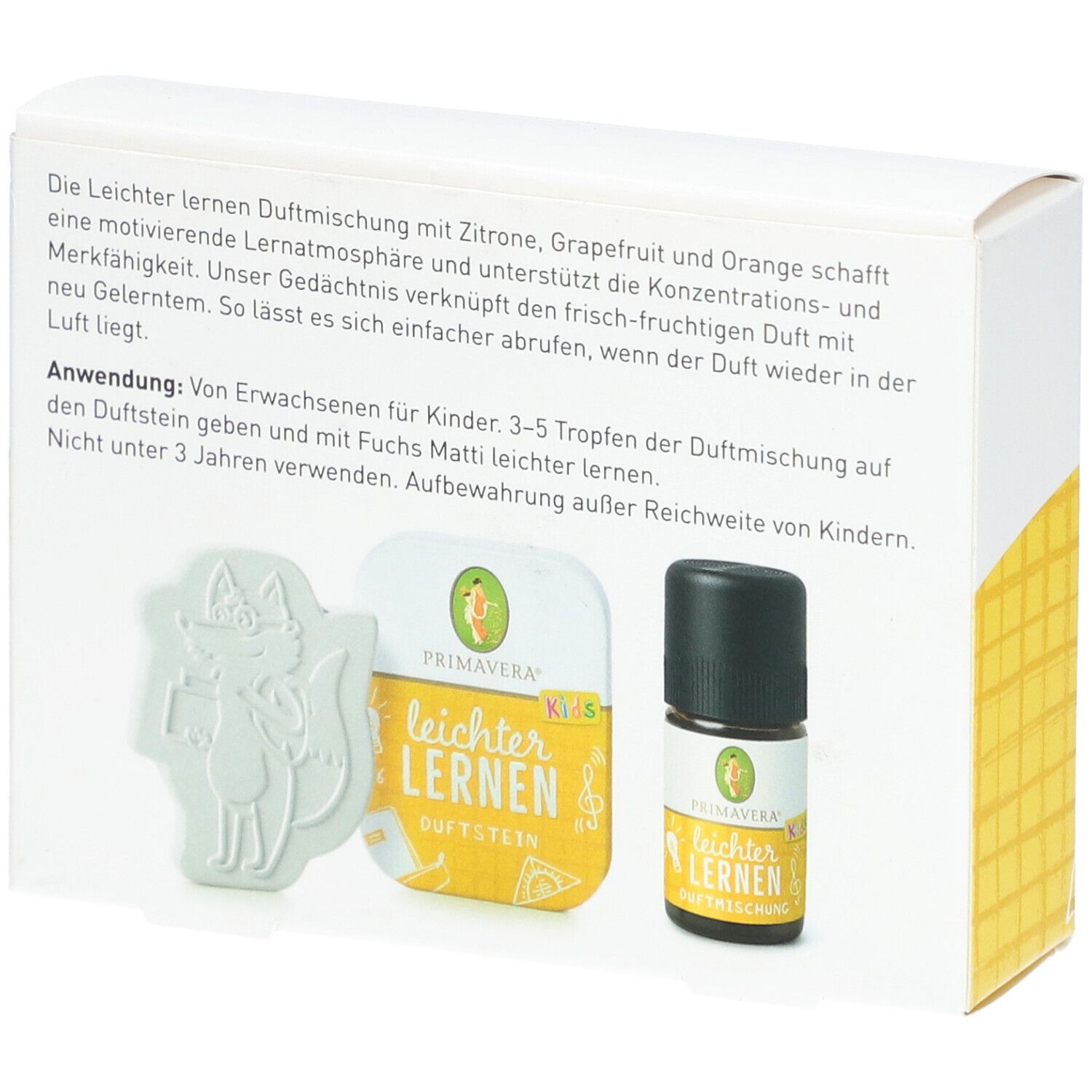 Dos de l'emballage. Texte, pierre parfumée, flacon d'huile essentielle. Logo Primavera Kids.