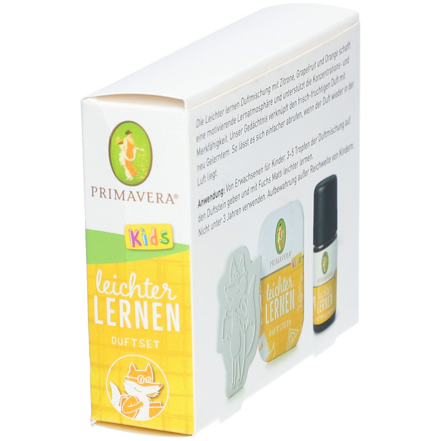 Vue oblique de l'emballage. Texte, pierre parfumée, flacon d'huile essentielle. Logo Primavera Kids.