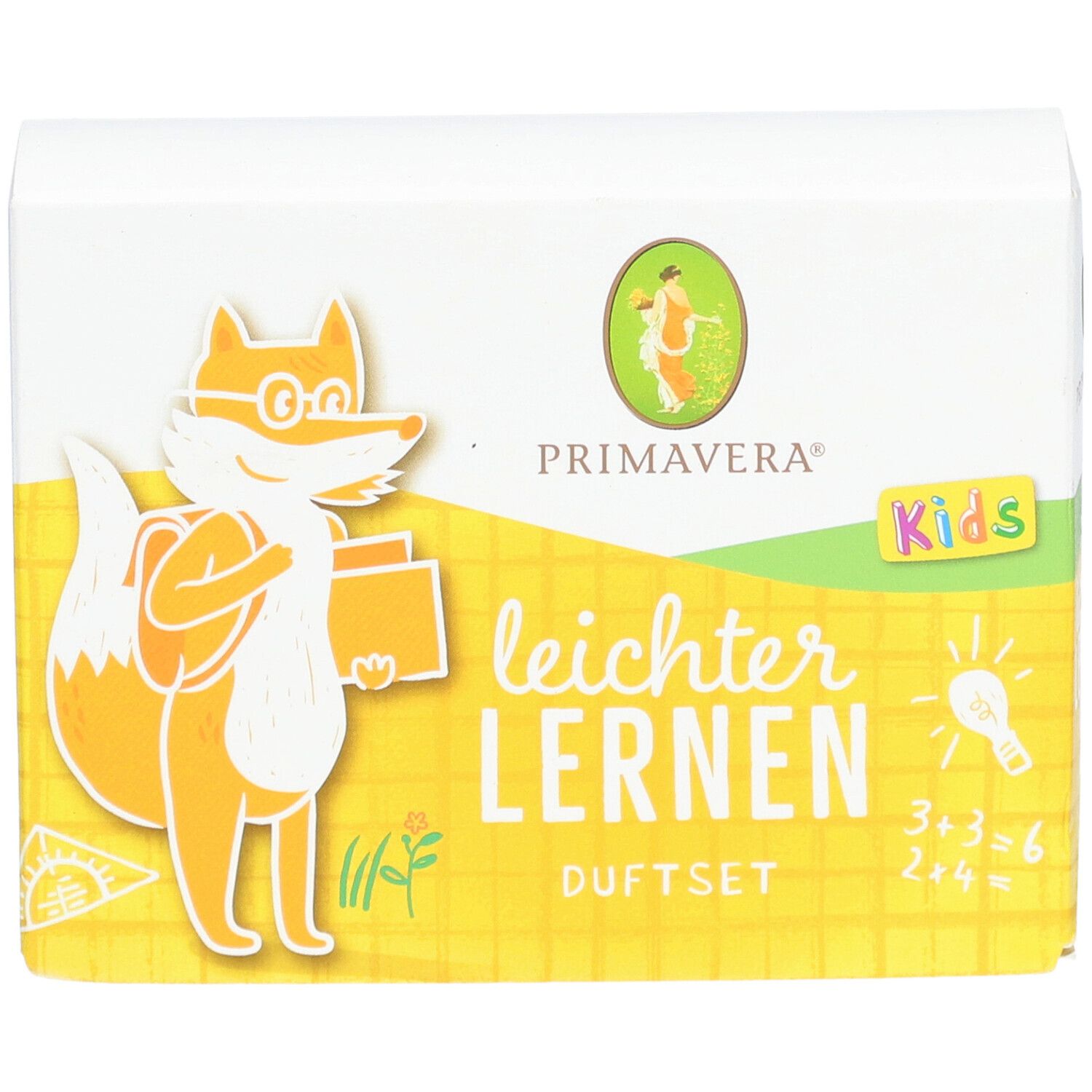 Boîte avec illustration de renard et texte: leichter Lernen Duftset. Logo Primavera Kids.