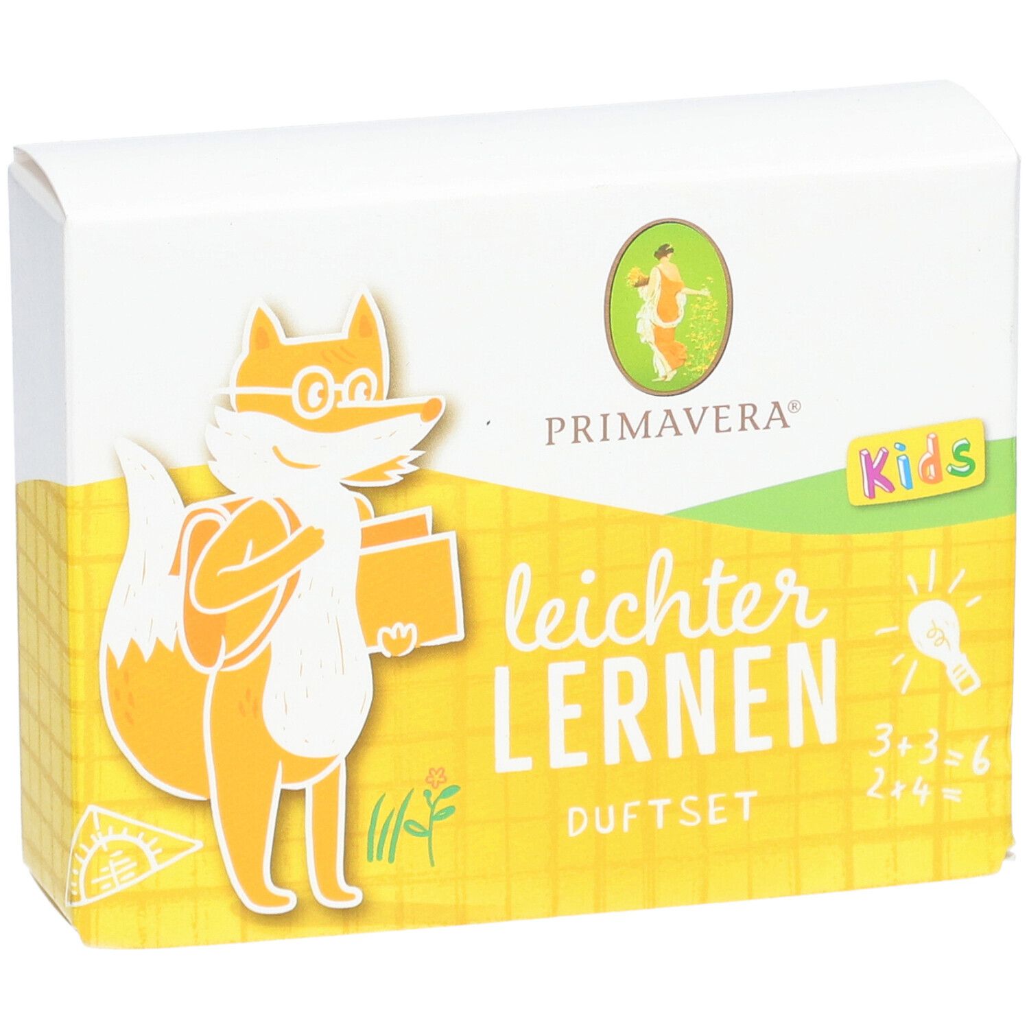 Boîte avec illustration de renard et texte: leichter Lernen Duftset. Logo Primavera Kids.