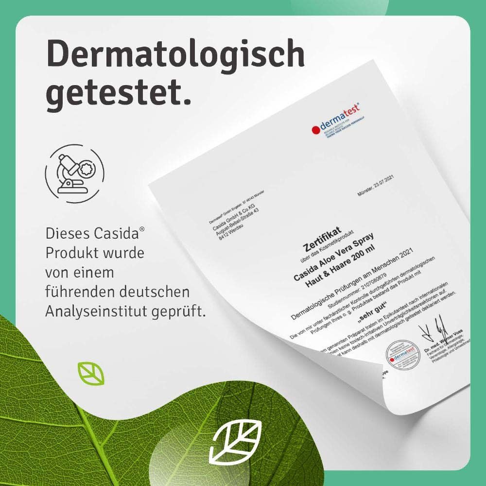 Dermatologisch getest. Zertifikat des Analyseinstituts. Casida Aloe Vera Spray Haut & Haare 200 ml.