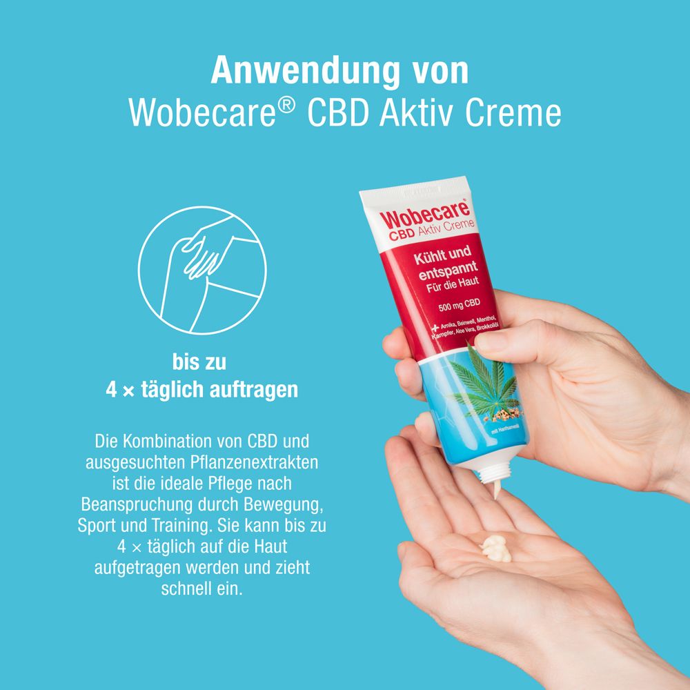 Hände tragen Creme auf. Tube Wobecare CBD Aktiv Creme. Rote und blaue Farben. Enthält 500 mg CBD.