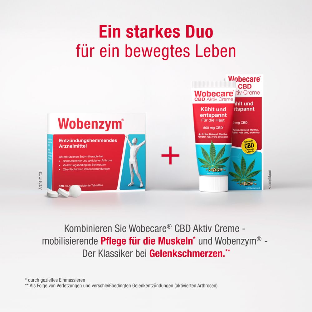 Kombination: Wobecare CBD Aktiv Creme und Tabletten. Rote und blaue Farben. Enthält 500 mg CBD.