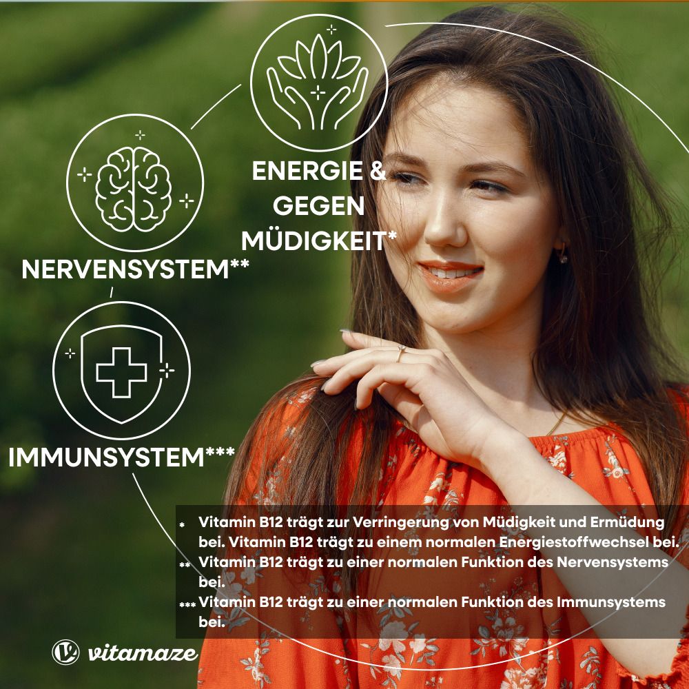 Jeune femme en robe rouge. Graphiques : cerveau, système nerveux ; mains, énergie ; croix, système immunitaire. Texte sur la vitamine B12.