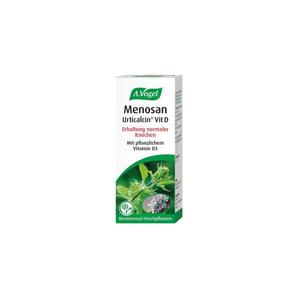 A. Vogel Menosan Urticalcin Vit D. Boîte blanche avec informations produit et logo. Design vert et blanc.