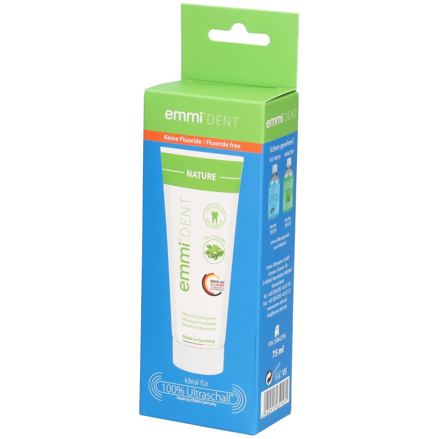 Tube de dentifrice emmi-dent Nature sans fluorure dans un emballage bleu et vert. Logo et texte visibles.