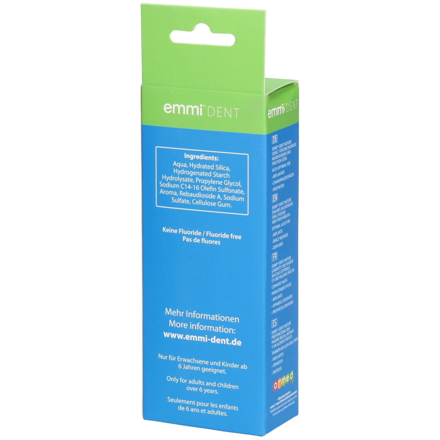 Dos de l'emballage du dentifrice. Ingrédients, informations emmi-dent. Sans fluor.