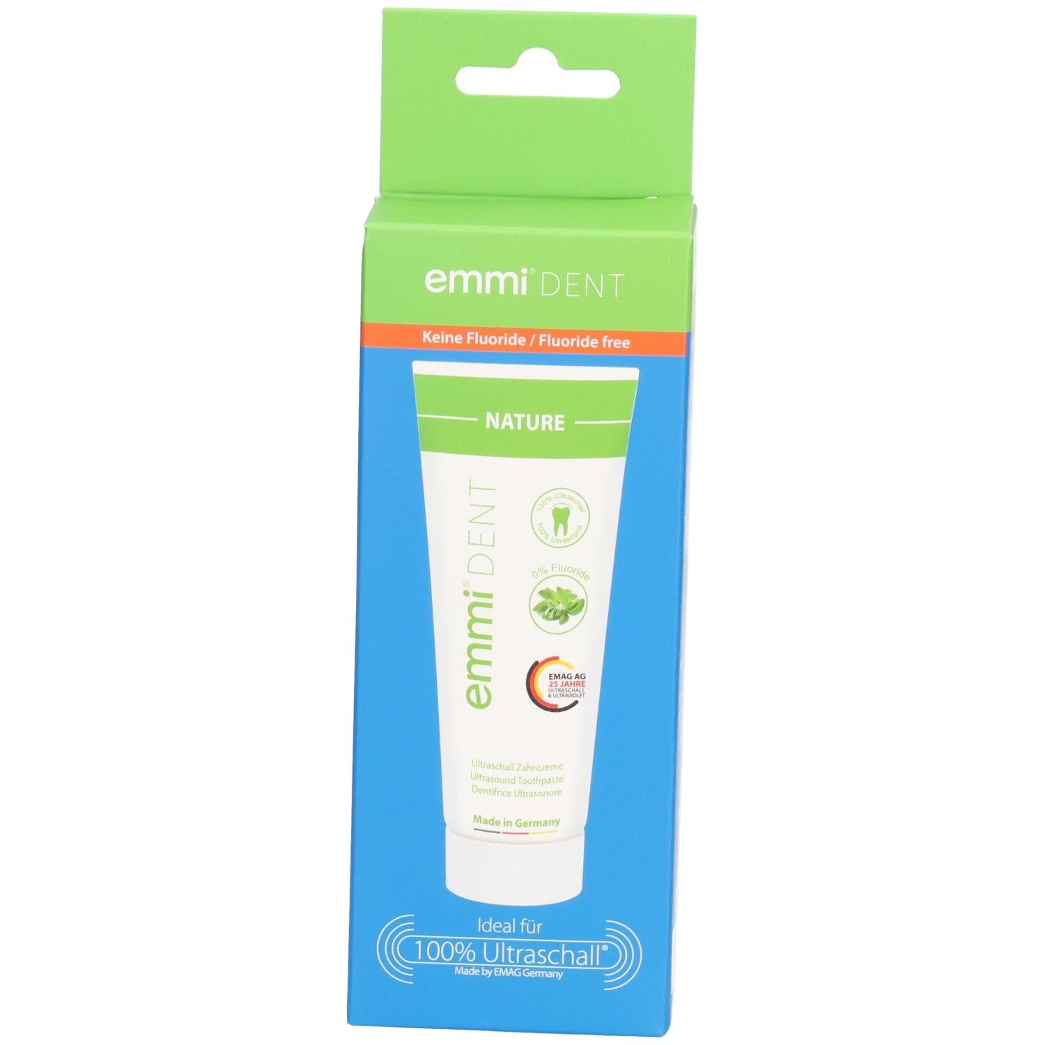 Tube de dentifrice emmi-dent Nature sans fluorure dans un emballage bleu et vert. Logo visible.