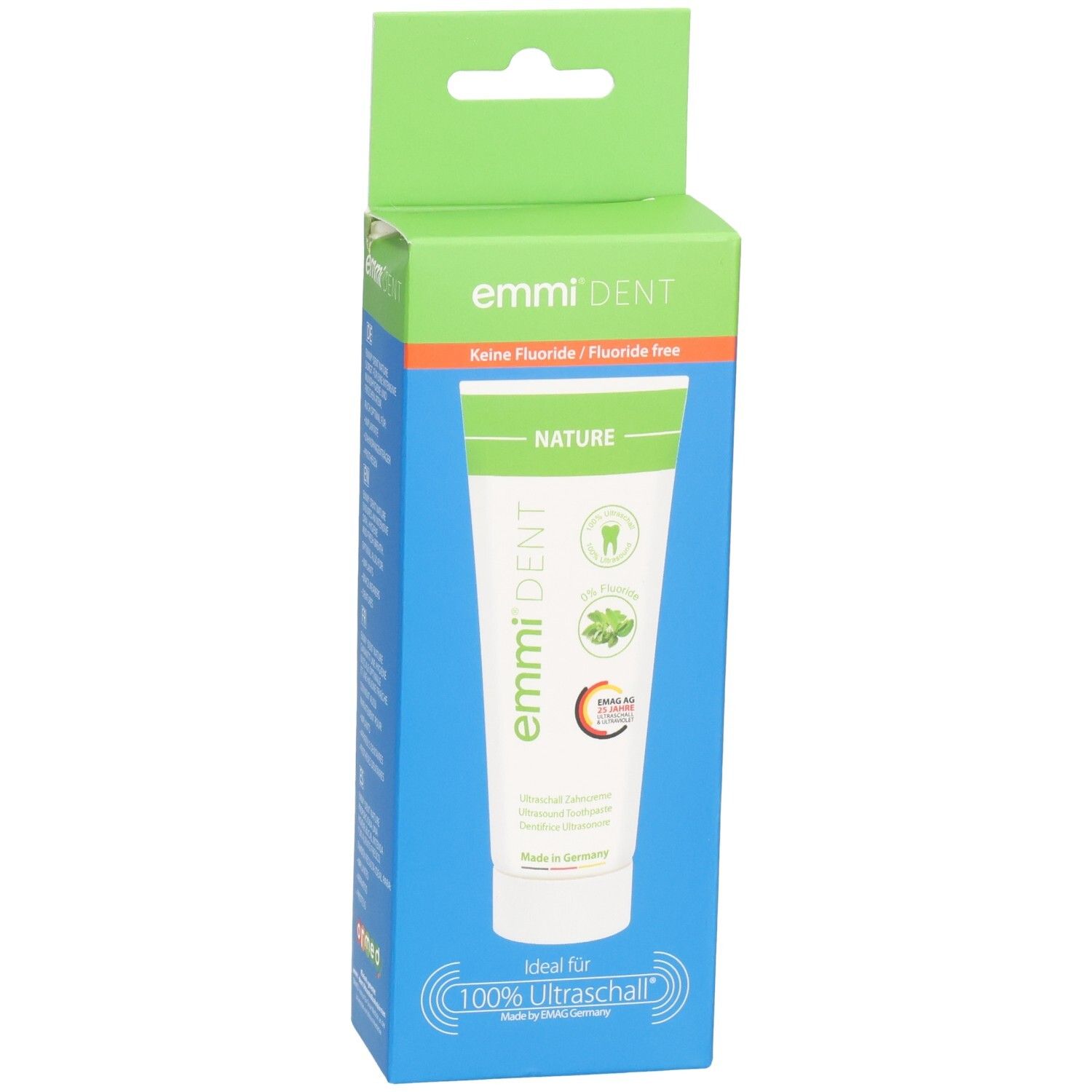 Tube de dentifrice emmi-dent Nature sans fluorure dans un emballage bleu et vert. Logo visible.