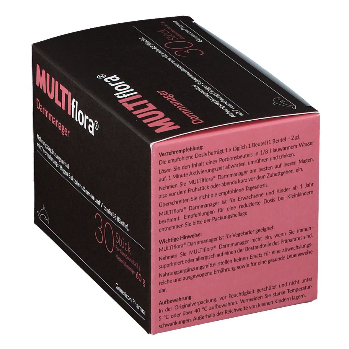 Boîte marron foncé avec accents roses. Inscription: MULTIflora® Darmmanager, 30 pièces. Contient des souches bactériennes et de la vitamine B8. Mode d'emploi.