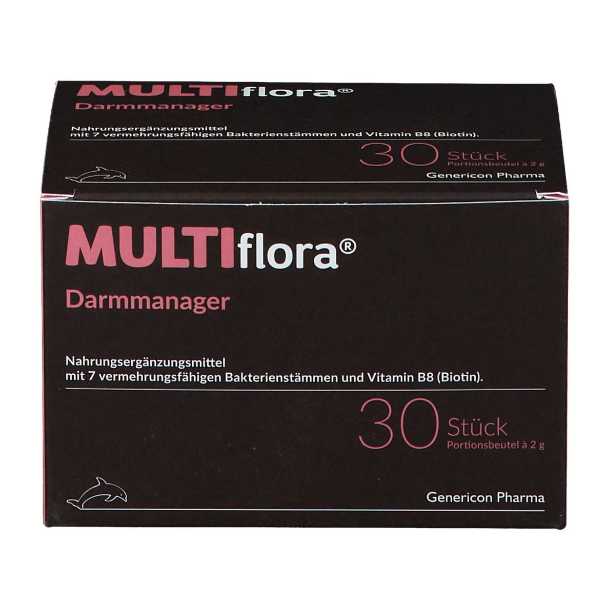 Boîte marron foncé avec accents roses. Inscription: MULTIflora® Darmmanager, 30 pièces. Contient des souches bactériennes et de la vitamine B8.