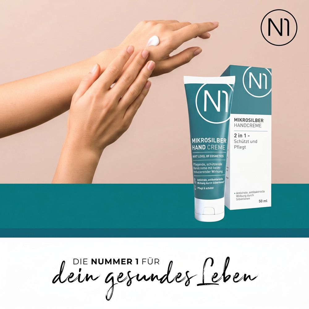 Tube et boîte de N1 Mikrosilber Handcreme. Soin des mains pour mains sèches.