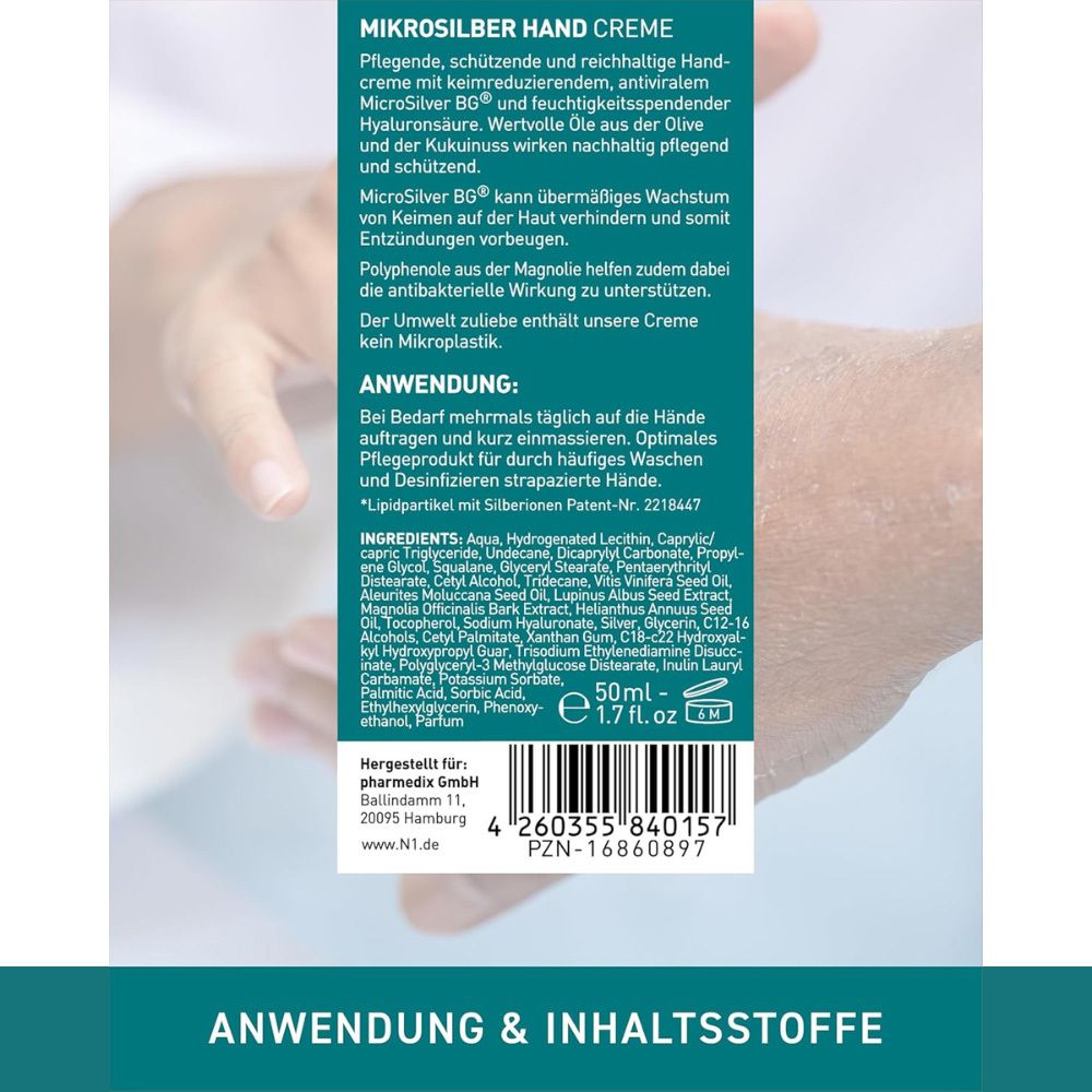 Arrière du tube de N1 Mikrosilber Handcreme avec instructions et ingrédients.