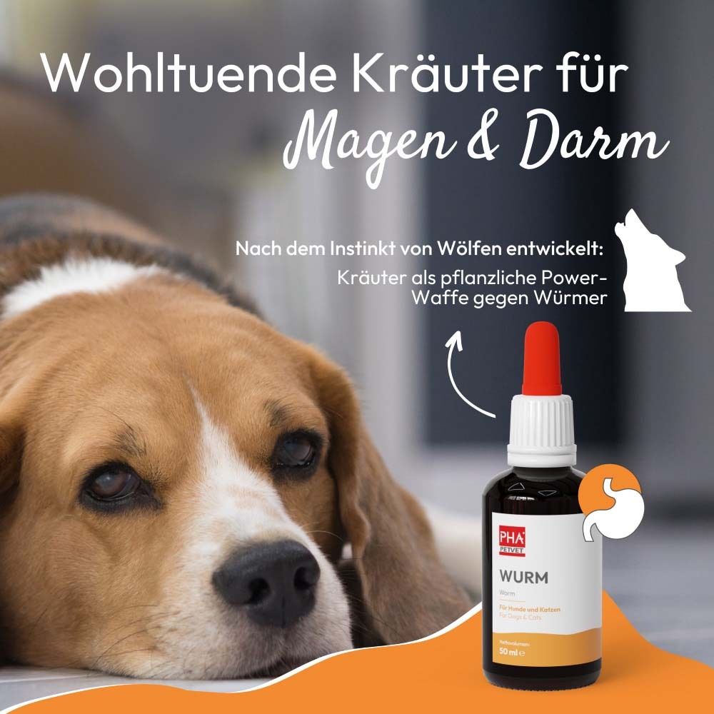 Produktflasche mit Pipette und Hund. Text: Wohlfühlende Kräuter für Magen & Darm. Logo: Wurm.