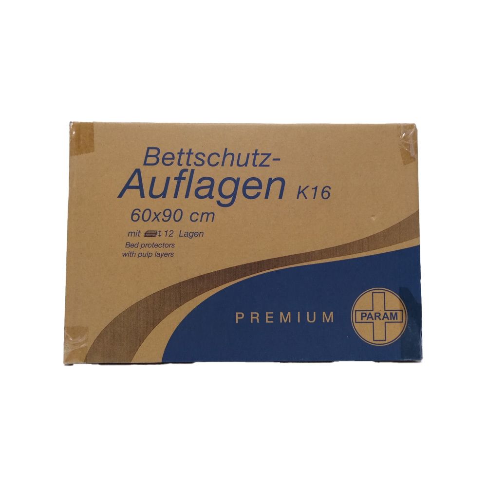 Kartonverpackung. Aufschrift: Bettschutz-Auflagen 60x90 cm K16, mit 12 Lagen. Logo: PARAM. PREMIUM-Schriftzug.