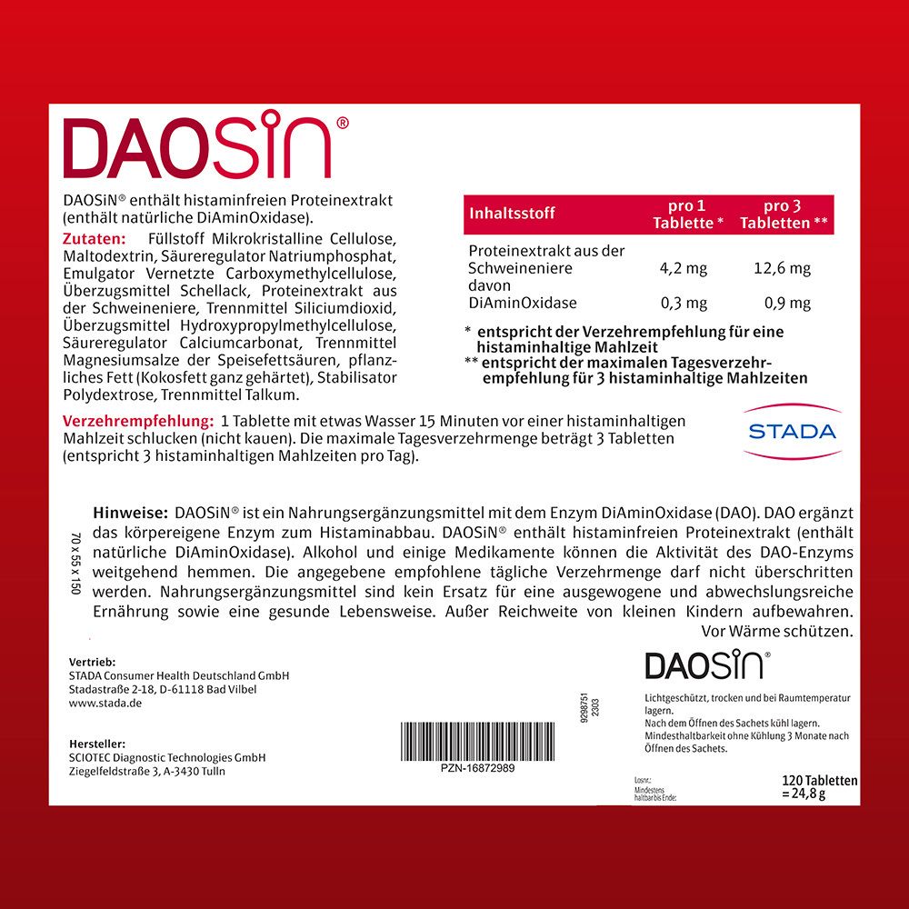 DAOSiN® Tabletten zur Ergänzung des körpereigenen DAO-Enzyms zum Histaminabbau aus der Nahrung