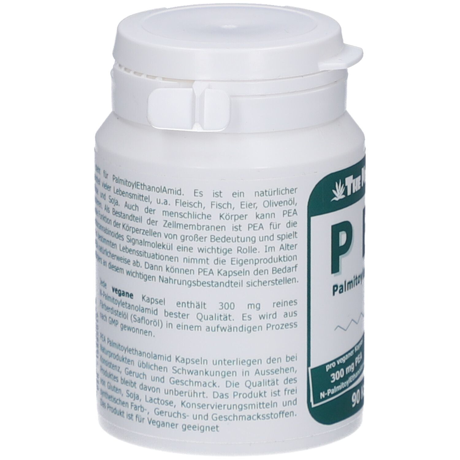 Weiße Dose mit grünem Etikett. Text über PEA und Inhaltsstoffe. Marke: The Nutri Store. 90 Kapseln.