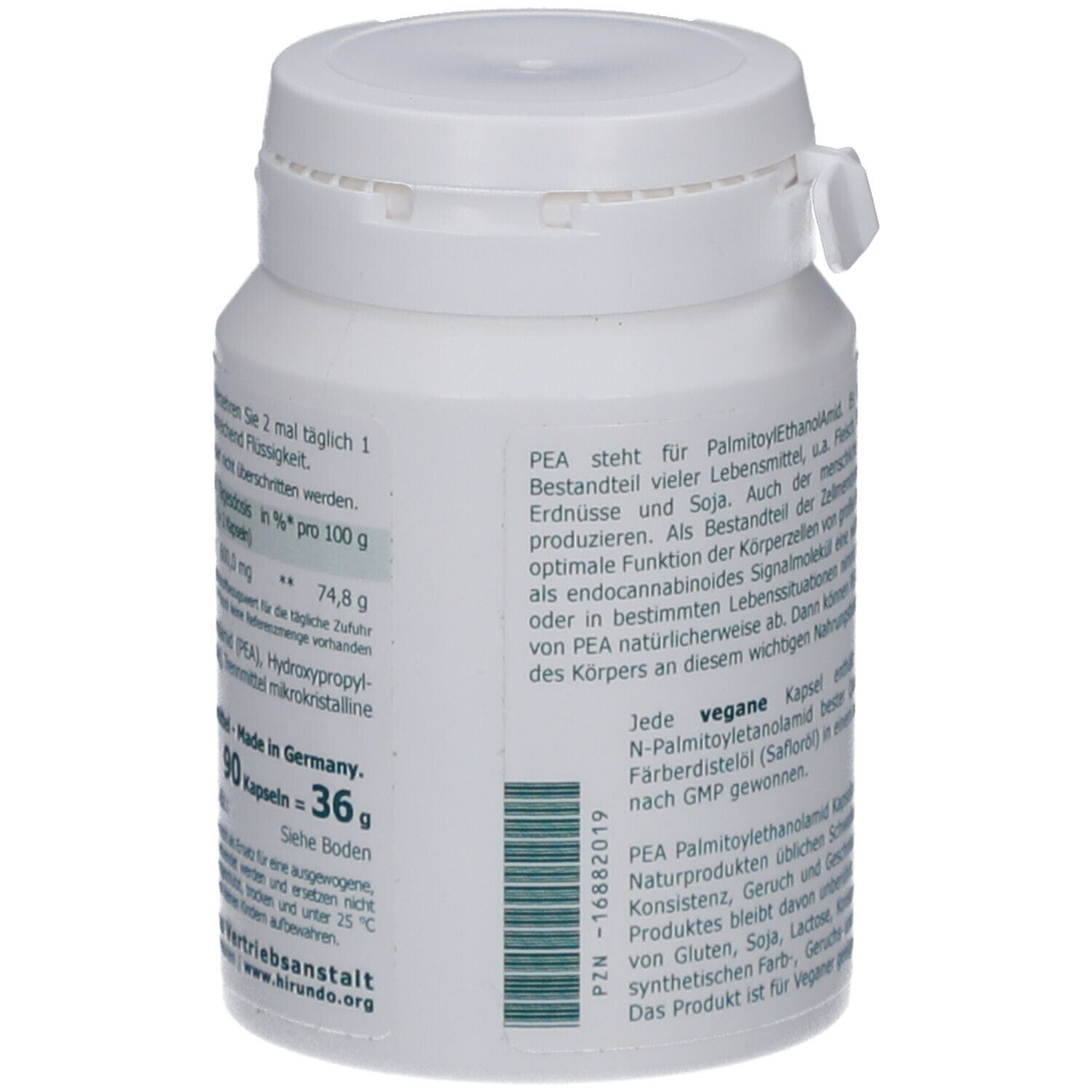 Weiße Dose mit grünem Etikett. Text über Inhaltsstoffe und Nährwerte. 90 Kapseln. Marke: The Nutri Store.