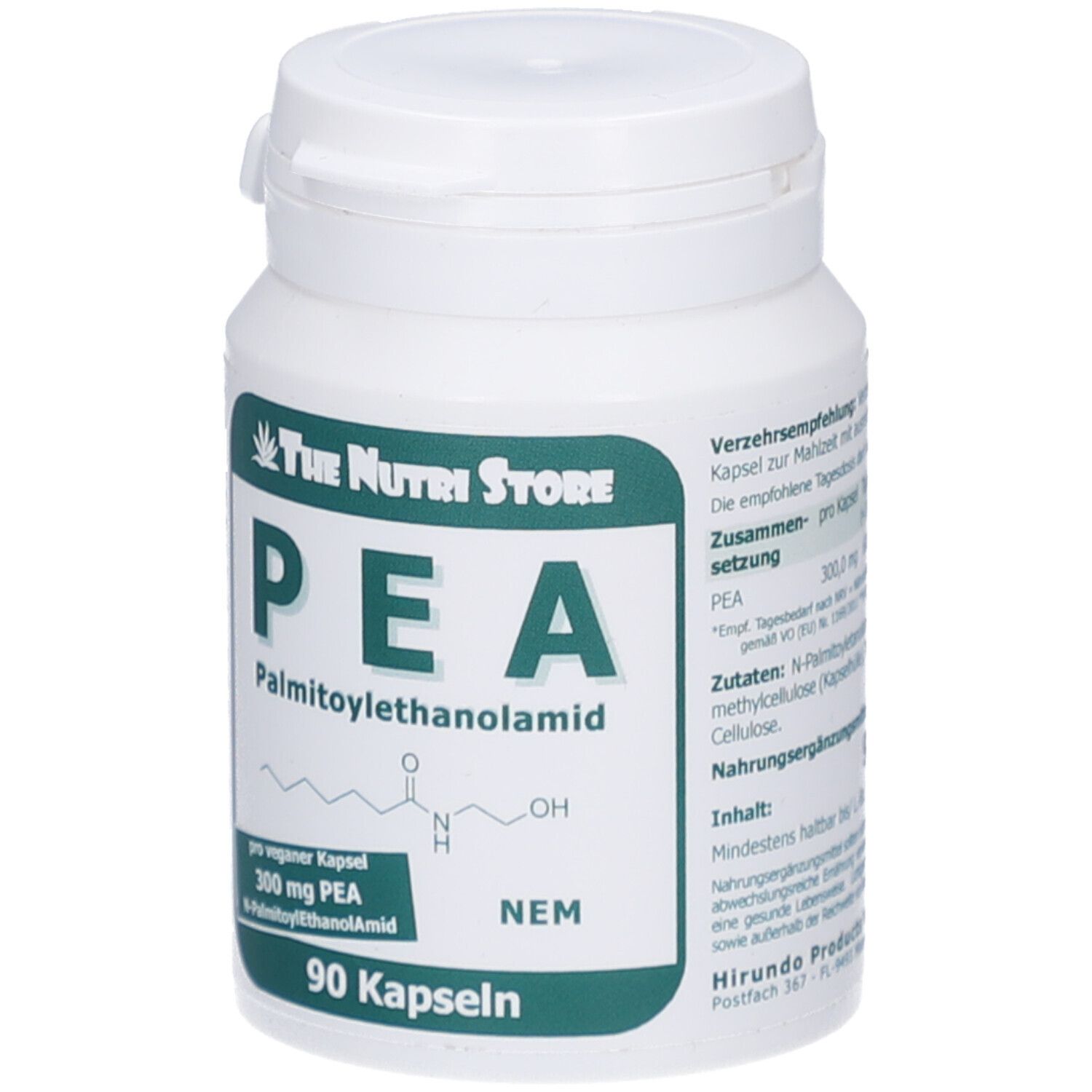 Weiße Dose mit grünem Etikett. Aufschrift: PEA, Palmitoylethanolamid, 300 mg PEA, 90 Kapseln. Marke: The Nutri Store.