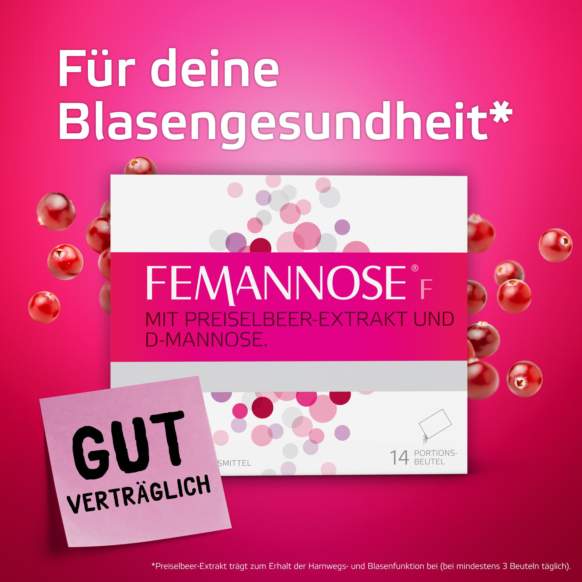 FEMANNOSE® F Packung mit Cranberries. Aufkleber: Gut verträglich.
