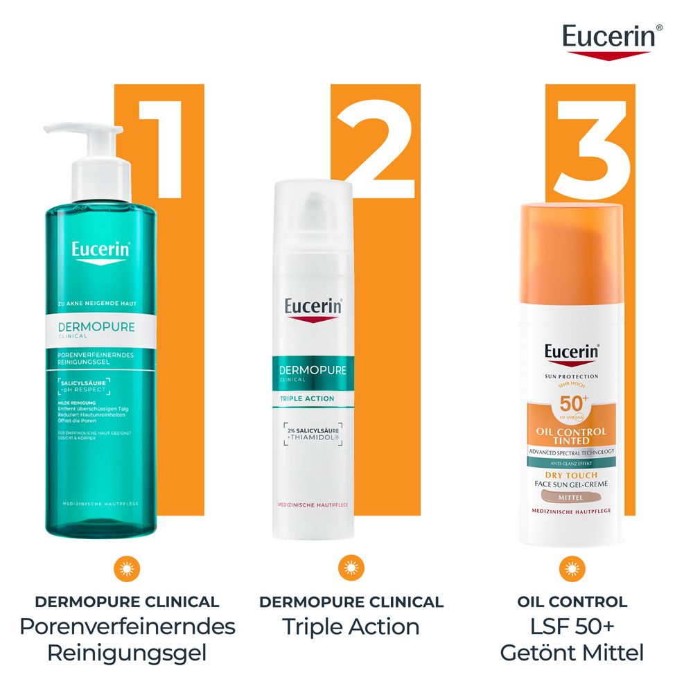 Trois produits Eucerin. Dermopure gel nettoyant, Triple Action, Oil Control SPF 50+ teinté Medium.