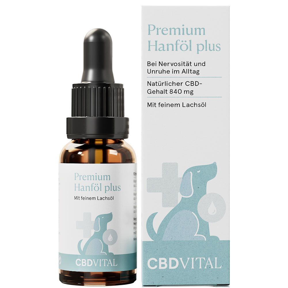 Braune Glasflasche mit Tropfer und weißer Verpackung. Aufschrift: Premium Hanföl plus, CBDVITAL. Hund-Symbol.