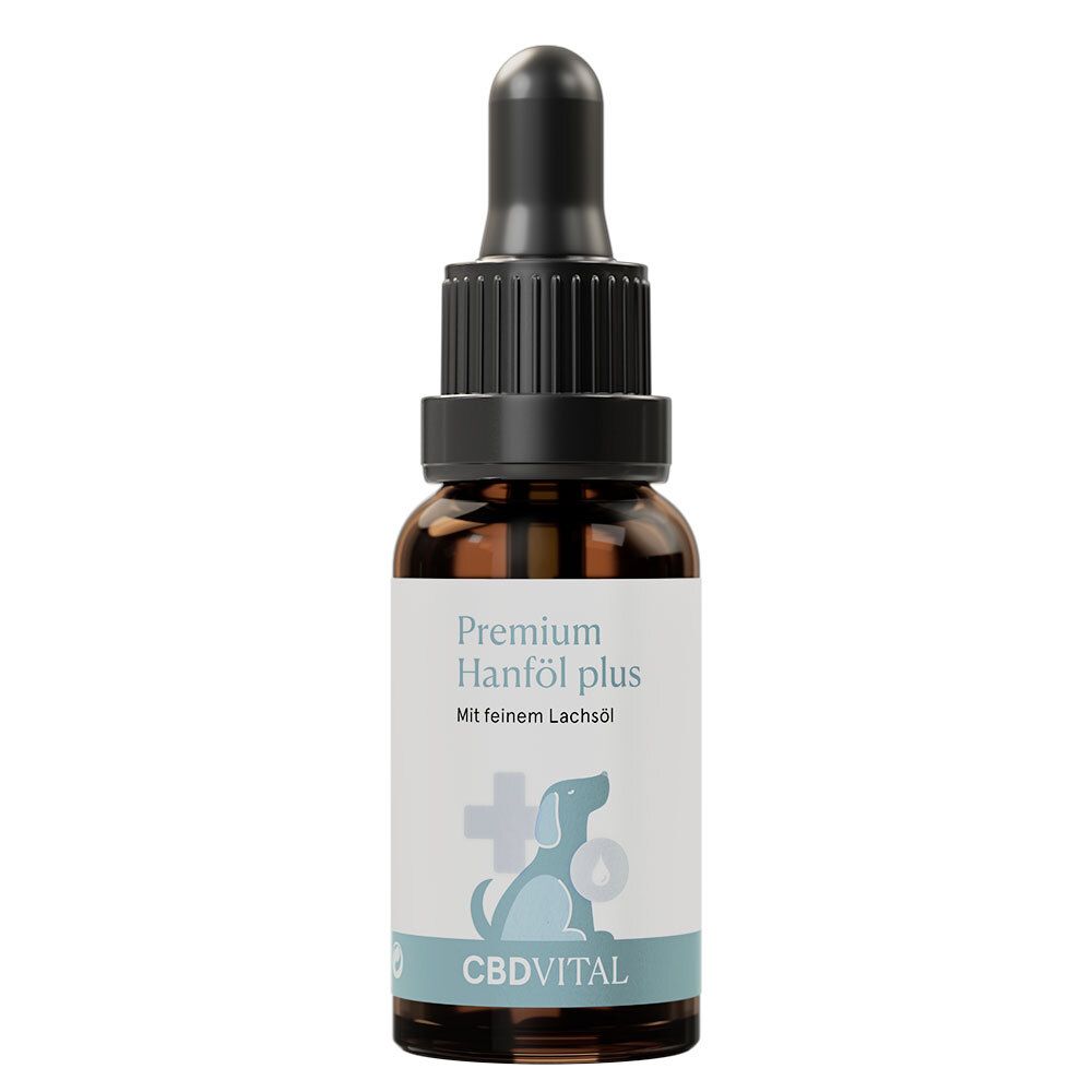 Braune Glasflasche mit Tropfer. Aufschrift: Premium Hanföl plus, CBDVITAL. Hund-Symbol.