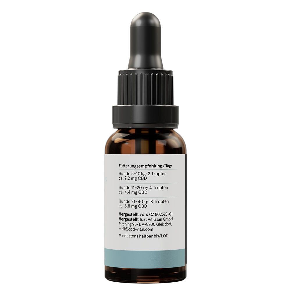 Braune Glasflasche mit Tropfer. Rückseite mit Text. Aufschrift: Fütterungsempfehlung/Tag. 20 ml.