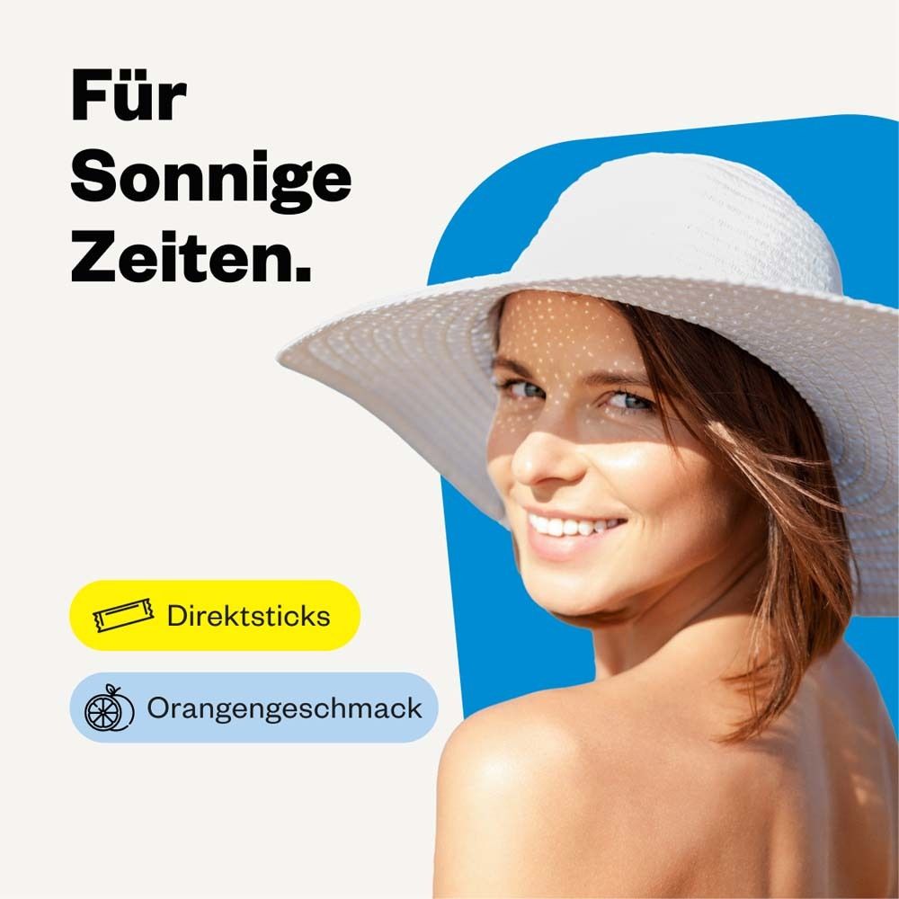 Femme avec chapeau de soleil. Texte: Pour les journées ensoleillées. Sticks directs et goût orange.