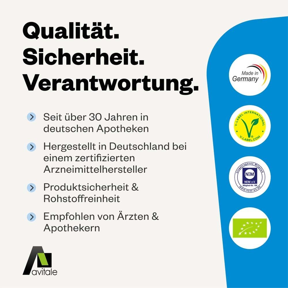 Texte : Qualité. Sécurité. Responsabilité. Certifications : Made in Germany, V-Label, NEM, label bio.