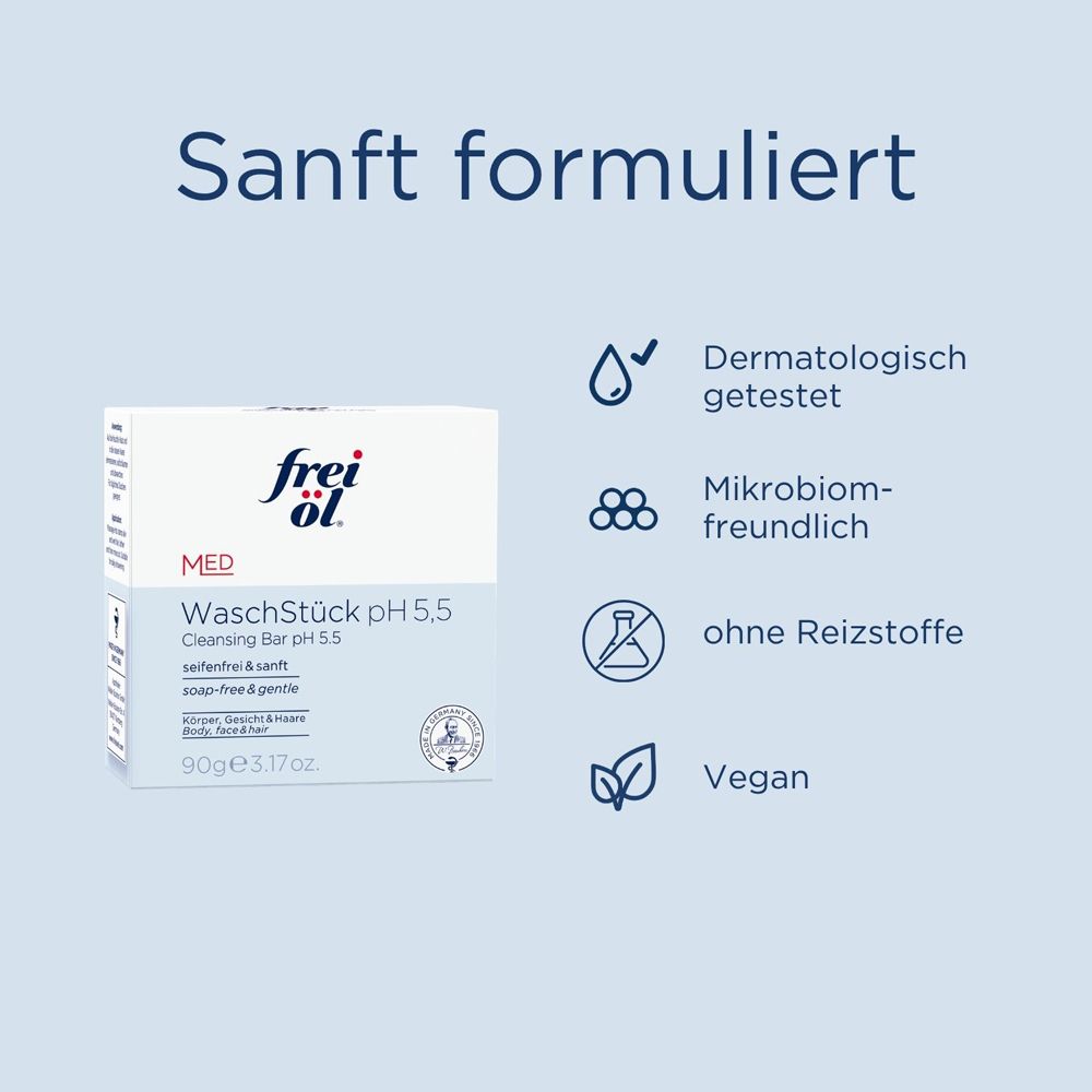 Frei Öl Waschstück pH 5,5, 90g. Dermatologisch getestet, mikrobiomfreundlich, ohne Reizstoffe, vegan.