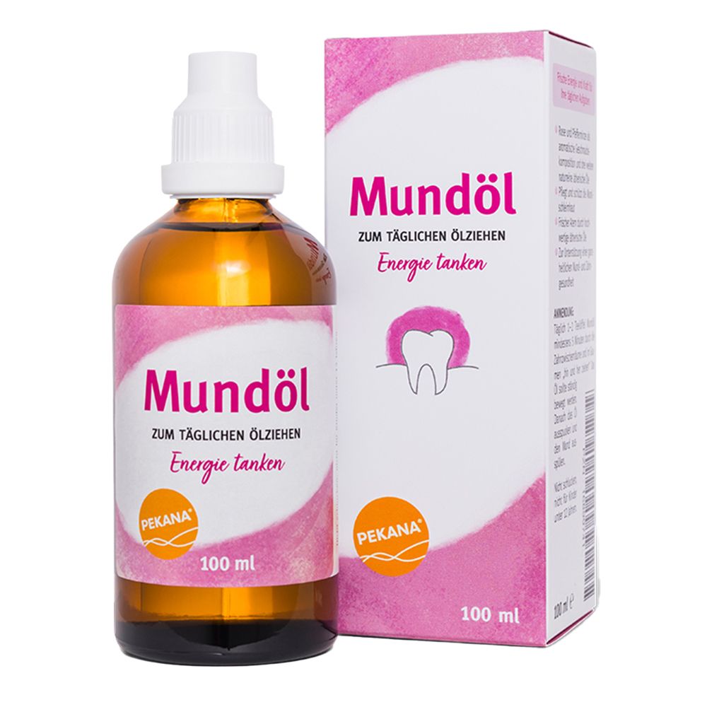 Braune Glasflasche mit weißem Verschluss und rosa Etikett. Aufschrift: Mundöl, Energie tanken. 100 ml. Mit Karton.
