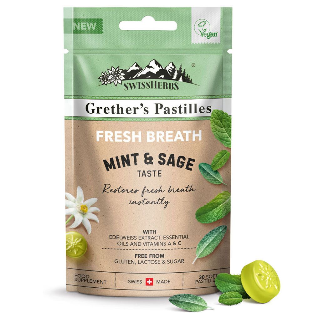 Beutel mit Pastillen. Aufschrift: SWISSHERBS Grether's Pastilles FRESH BREATH MINT & SAGE. Vegan-Siegel. 30 Pastillen.